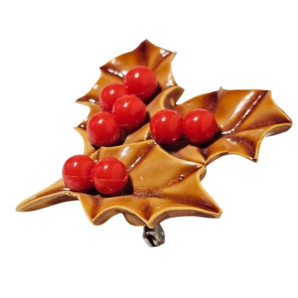 Vintage Style Holly Leaf Brooch Pin 1.88" Red Berries Christmas Holiday Gift Box - Picture 4 of 9